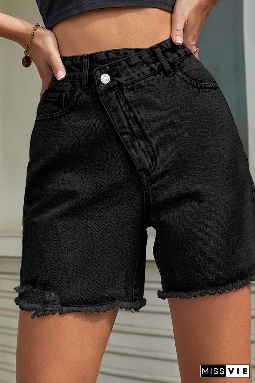 Plain Crossover Waist Mid Length Denim Shorts