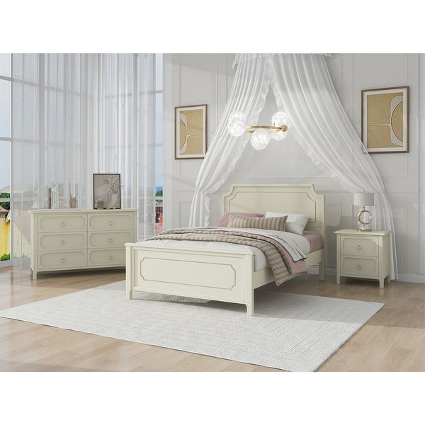 3 Pieces Bedroom Sets Milky White Full Size Platform Bed - - 37310582