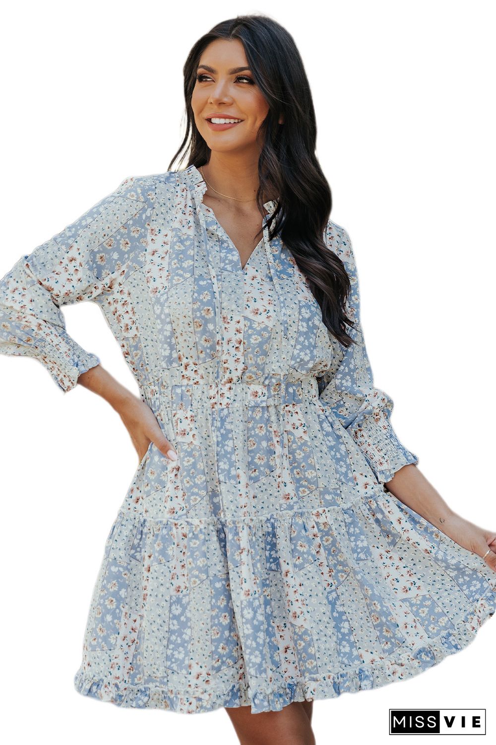 Sky Blue Floral Split V Neck Tiered Ruffle Dress