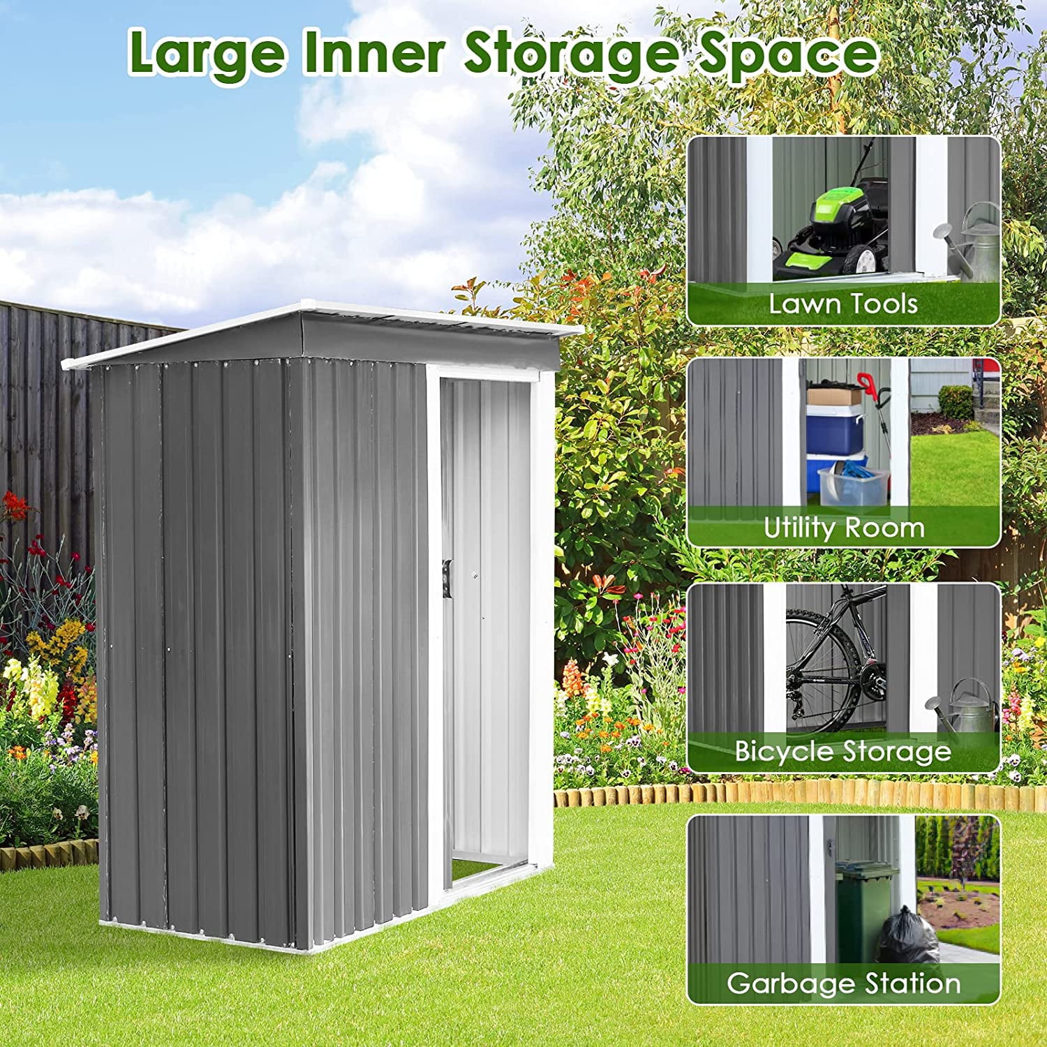 Arlopu 5' x 3' Outdoor Storage Shed with Sliding Door, Metal Tools Shed House for Garden, Patio, Lawn