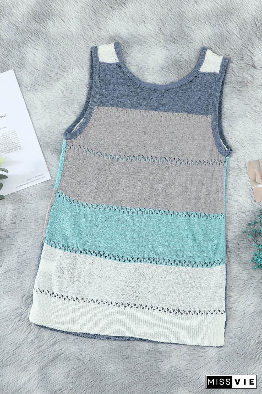 Sky Blue Color Block Knitted Tank Top