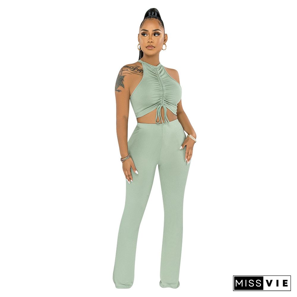 Solid Bandage Sleeveless Crop Top Flare Pants Set