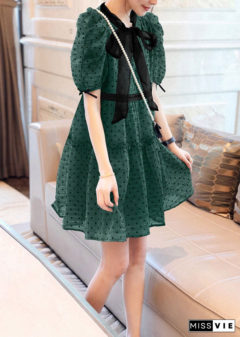 Art Green O-Neck Ruffled Dot Patchwork Bow Chiffon Mid Dress Puff Sleeve