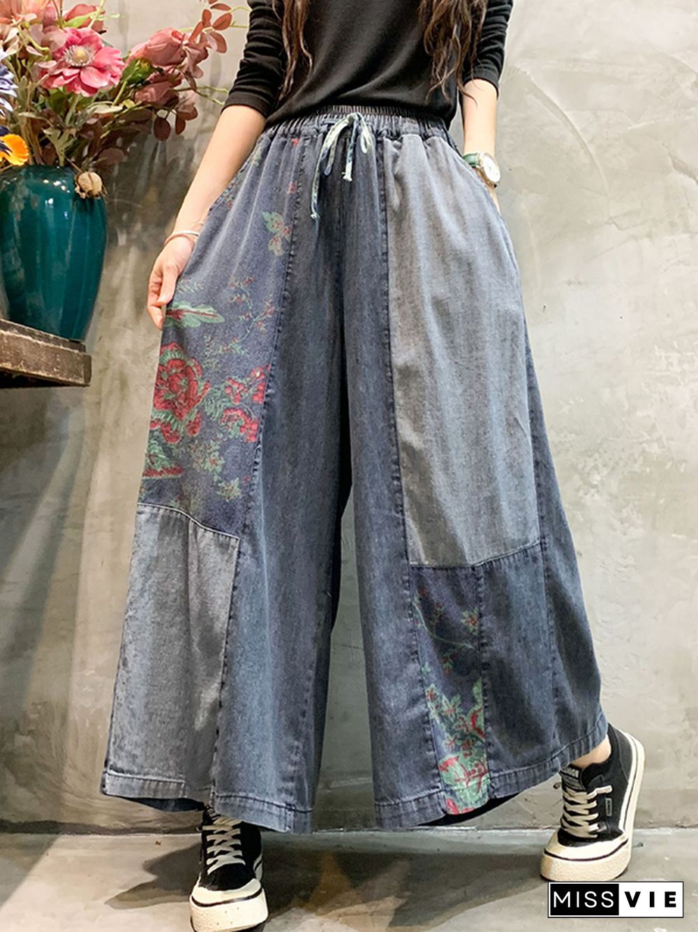 Casual Wide Leg Loose Color-Block Bandage Embroidered Jean Pants Bottoms