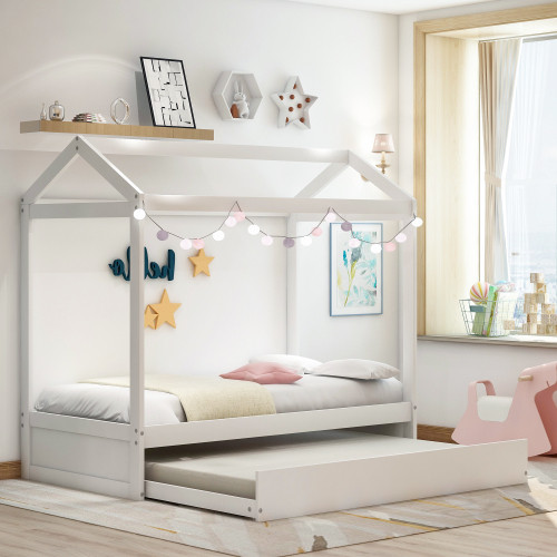 House Bed with Trundle  Can be Decorated  White Wf...