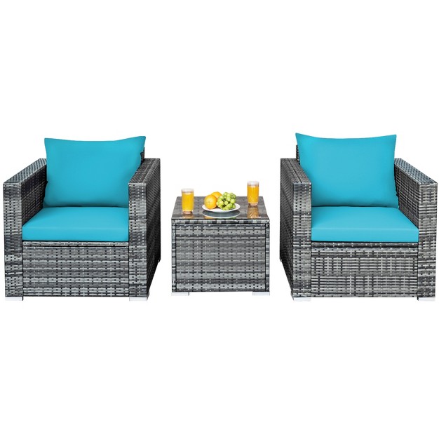 Tangkula 3pcs Patio Rattan Furniture Set Outdoor Bistro Set W washable Cushion For Garden Poolside Backyard Turquoise