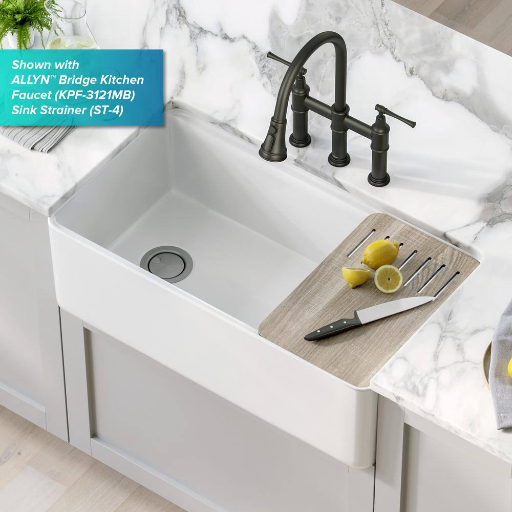 KRAUS Turino Gloss White Fireclay 33 in. Single Bowl Farmhouse Apron Workstation Kitchen Sink with Accessories KFR4-33GWH