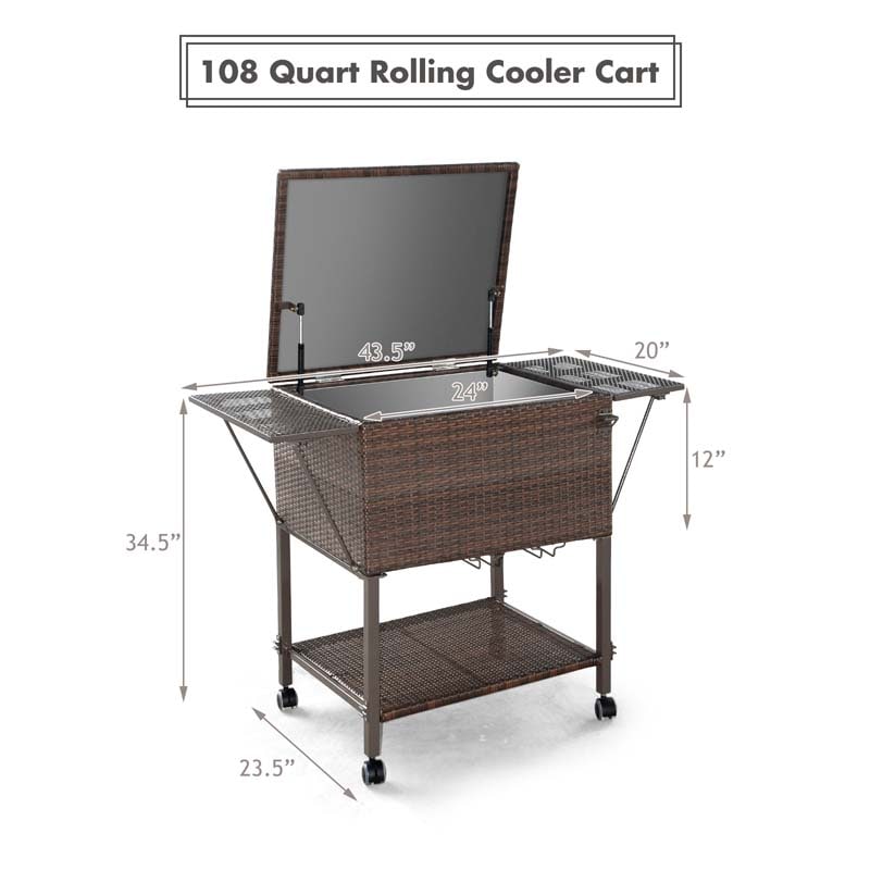 108 QT Rattan Rolling Beverage Wine Cooler Cart Outdoor Patio Side Table Bar Cart with Cooler & Lower Shelf