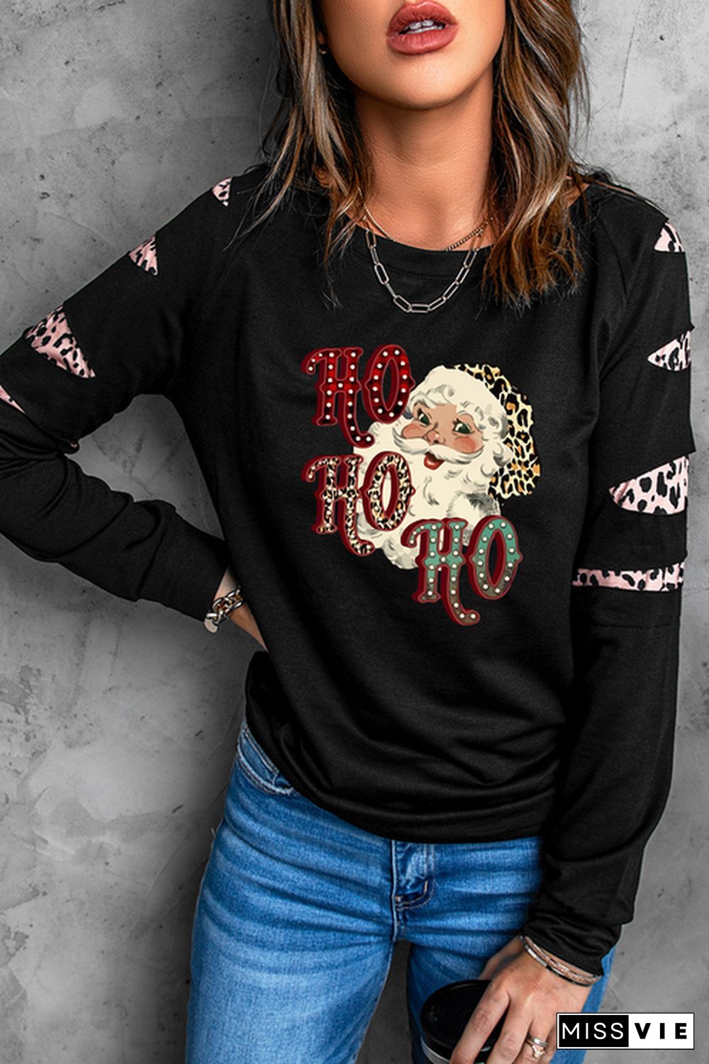 Christmas Graphic Leopard Print Cut-out Pullover Sweatshirt