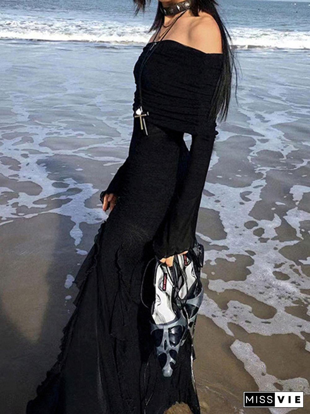 Off Shoulder Ruffle High Slit Maxi Dress