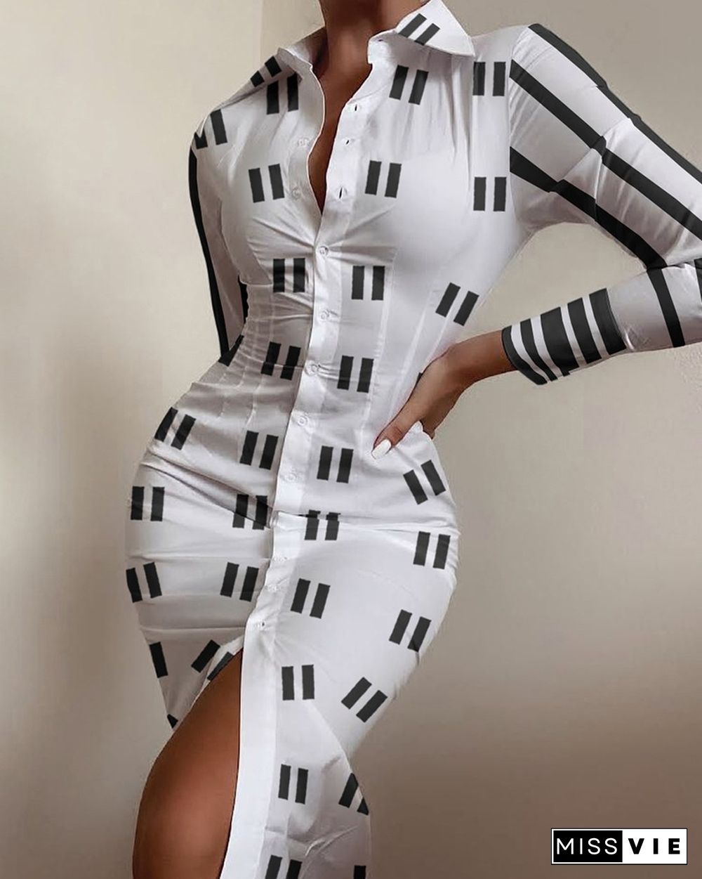 Abstract Print Buttoned Skinny Shirt Dress