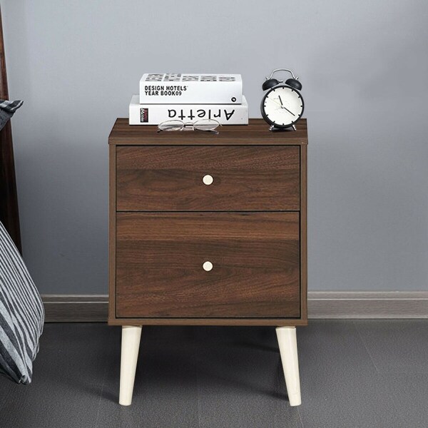 2-Drawer Nightstand Beside End Side Table with Rubber Legs-Walnut - 18