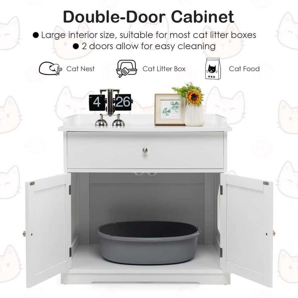 ANGELES HOME 30 in. W x 29 in. H Wood Cat Litter Box Enclosure with Drawer Side Table Furniture in White 8CK-10009PVWH