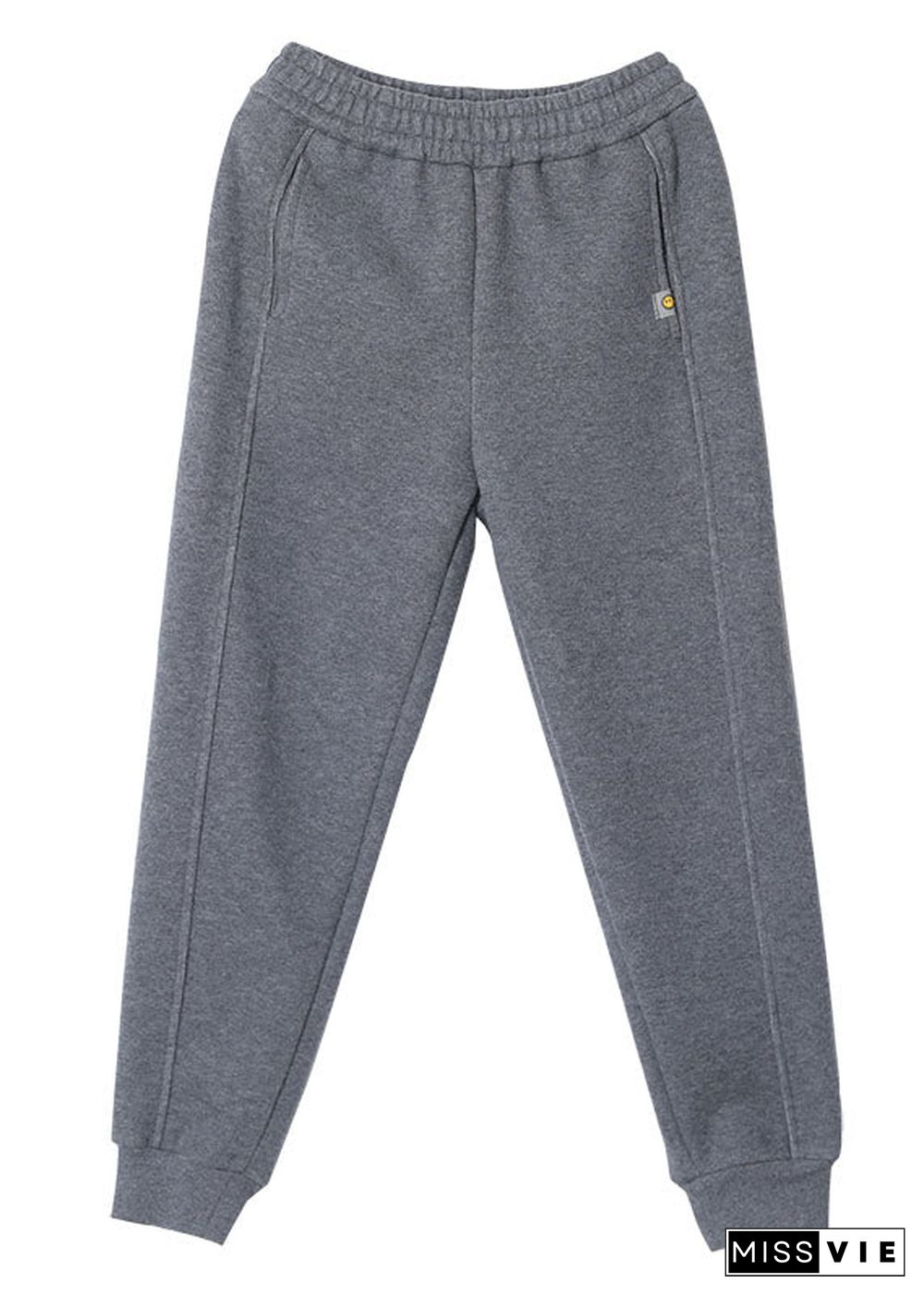 Women Grey Pockets Warm Fleece Casual Pants Winter