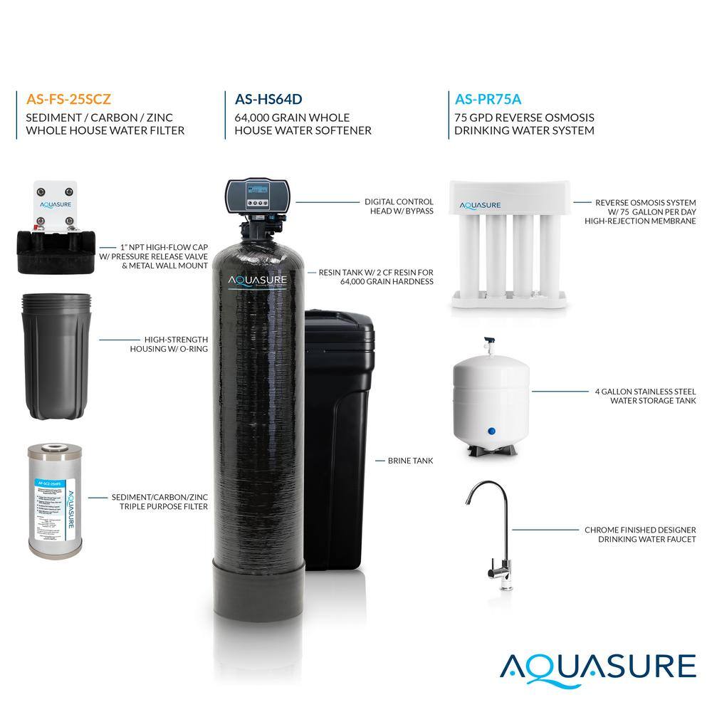 AQUASURE Whole House Filtration with 64000 Grain Water Softener Reverse Osmosis System and Sediment-GAC Pre-filter AS-WHF64D