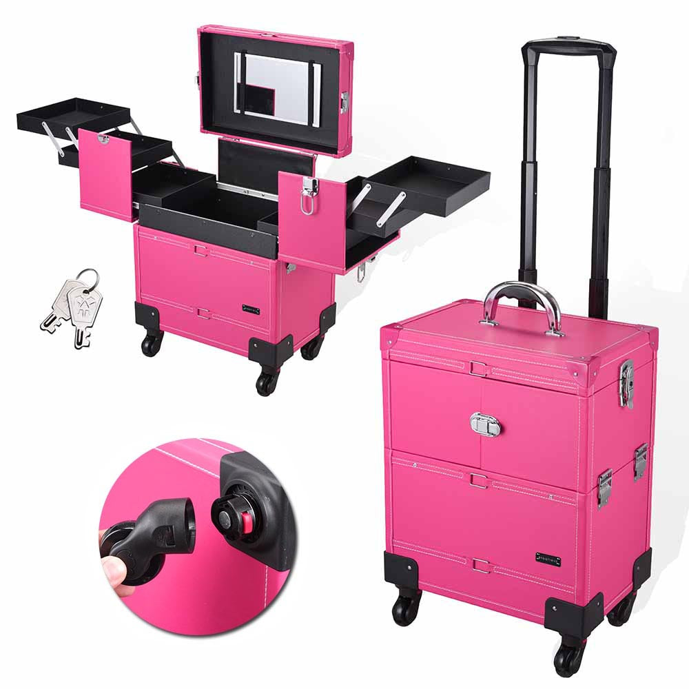 Byootique Rolling Makeup Case Lockable w/ 4-Wheel Mirror Pink