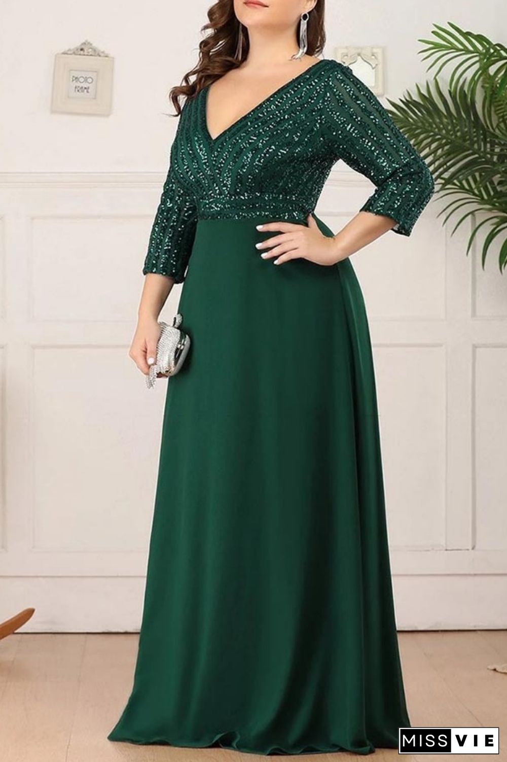 Sexy Formal Solid Sequins Patchwork V Neck Evening Dress Plus Size Dresses