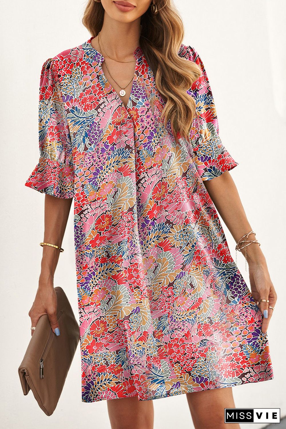 Multicolor Boho Floral Printed Flutter Sleeve Dress