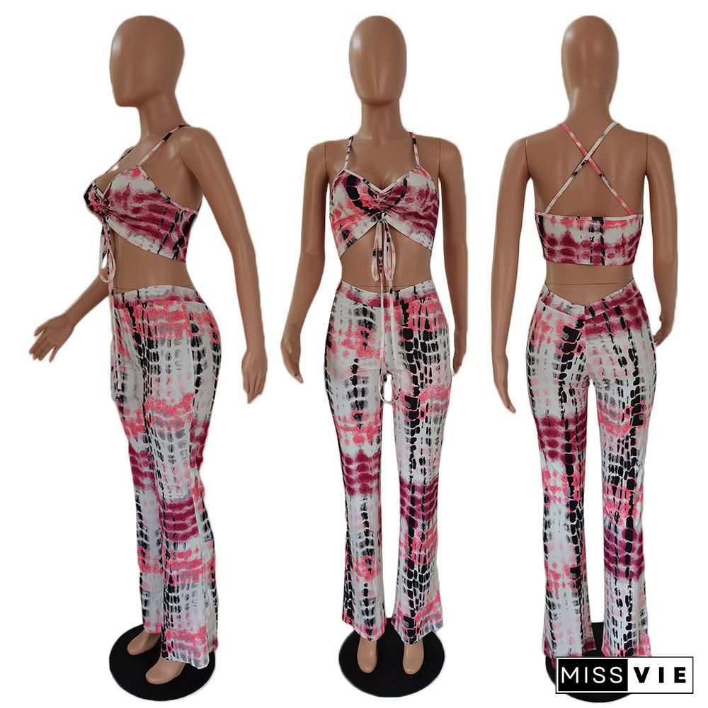 Fashion Women Tie Dye Print Tie Up Halter Camisole Crop Top Fitness Pants Streetwear Two Piece Set