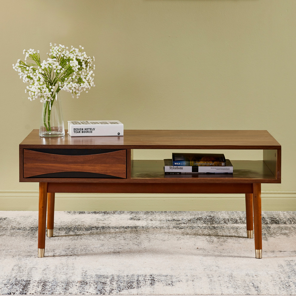 Wooden Coffee End Table with Storage  Walnut   Midcentury   Coffee Tables   by TEAMSON US INC  Houzz