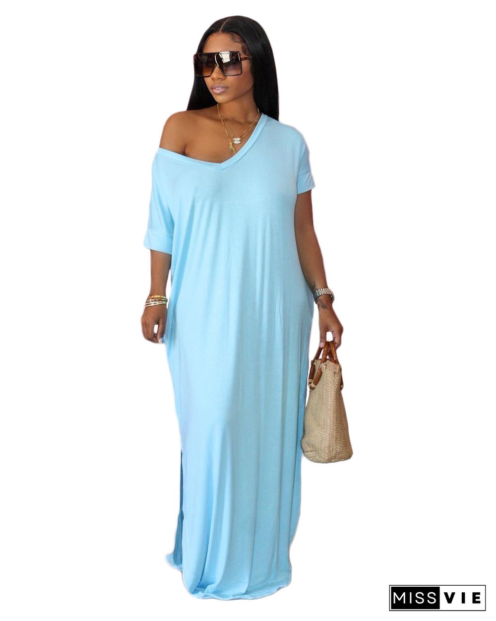 Summer Casual Women V-neck Solid Color Short Sleeve Loose Fitting Floor Length Dress