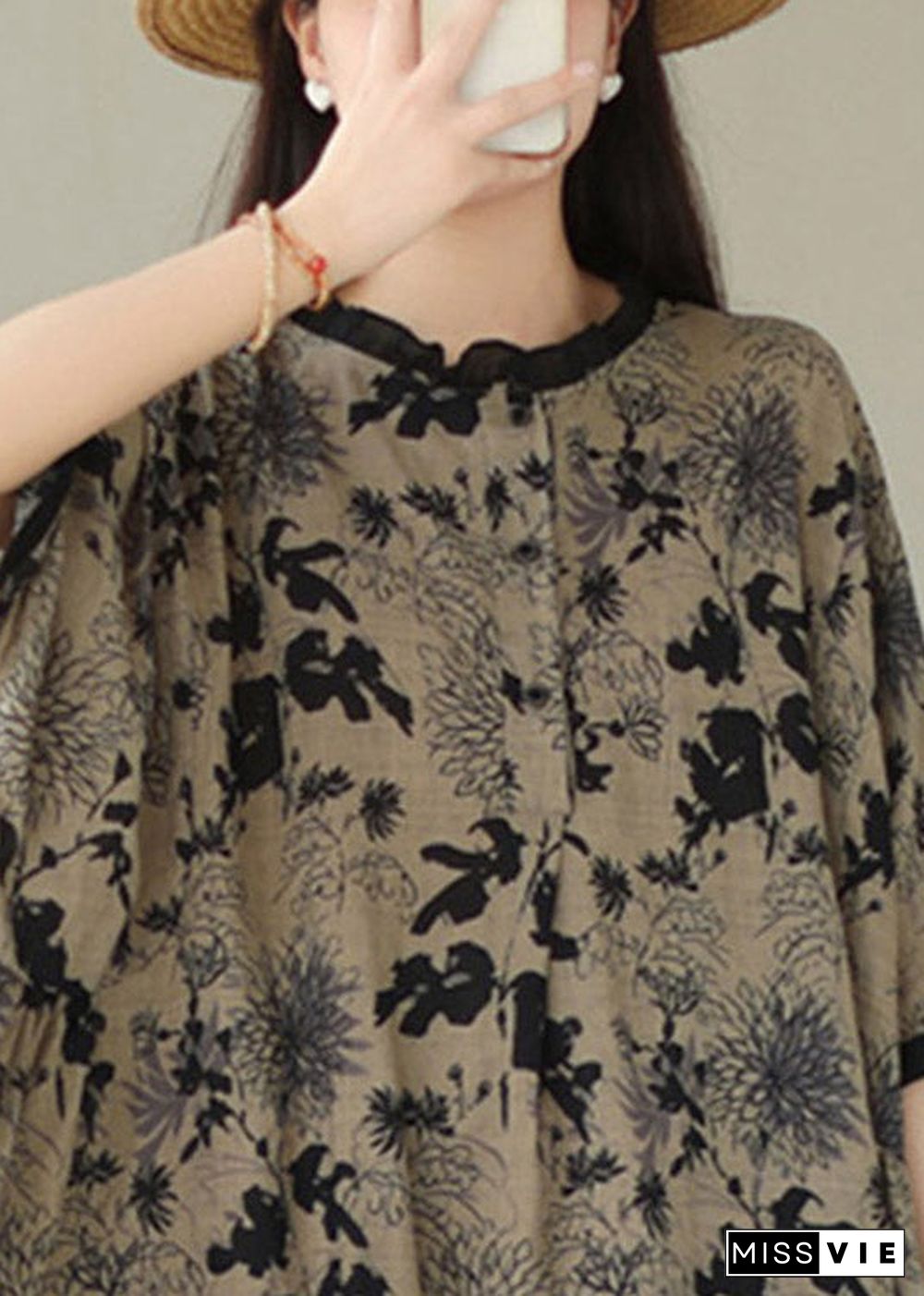 Plus Size Black O-Neck Print Top Half Sleeve