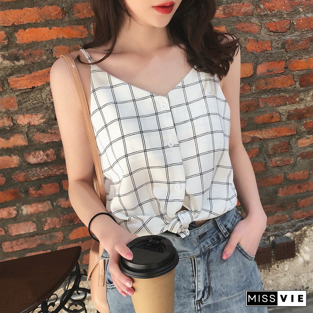 Chiffon Vintage Plaid Small Camisole Women Top Vest Summer Wear Loose Sleeveless Cami Tank Tops Streetwear Casual Female Tee