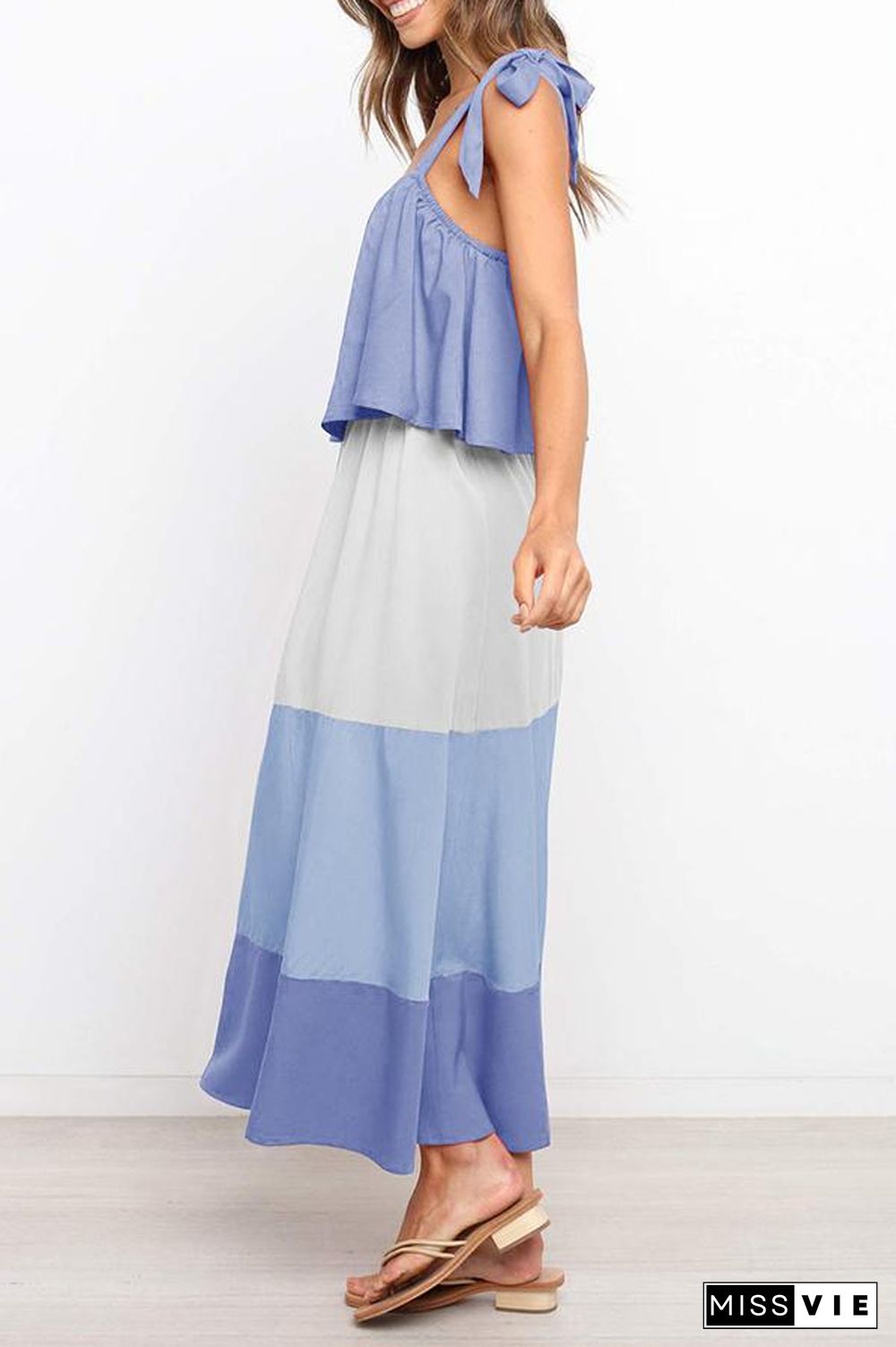 Lace-up Ruffled Colorblock Maxi Dress P13032