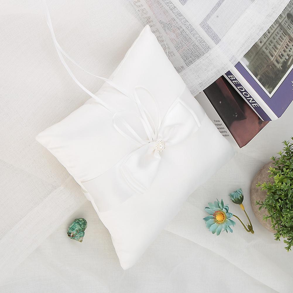 White Satin Bowknot Ring Bearer Pillow Holder Wedding Ring Pillow With Simulation Pearl 20*20cm