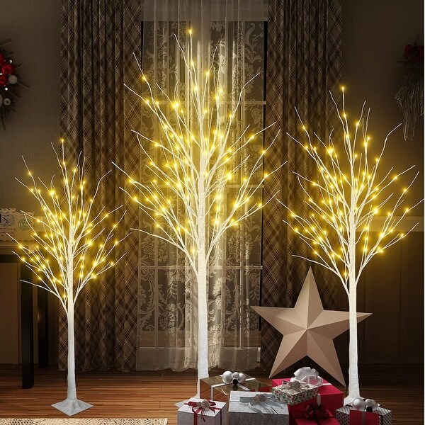 3 Piece Prelit Artificial Christmas Tree Set with Warm White Lights，Twinkle LED Birch Tree for Wedding，Festival，Party