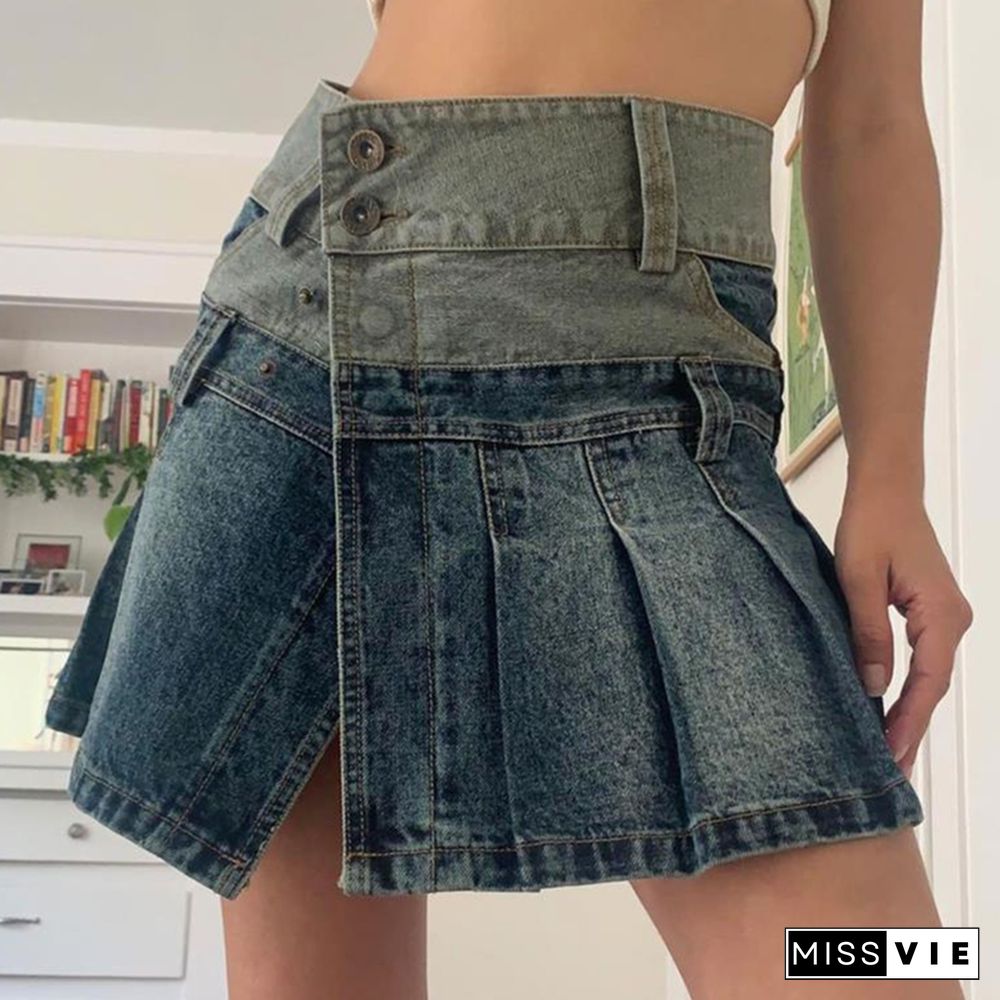 Y2k Aesthetic Denim Skirt Women Grunge Fairy Core High Waist Pleated Mini Skirt Streetwear Button Jeans Bottoms