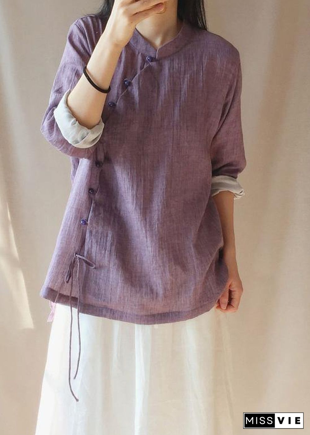 French Purple Tops Women Blouses Stand Collar Button Down Clothing Blouse