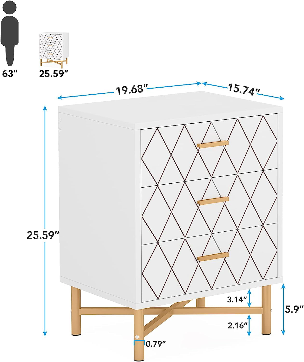 Tribesigns Nightstand with 3 Drawers,Modern Bedside Table with Diamond Design and Gold Metal Frame, White