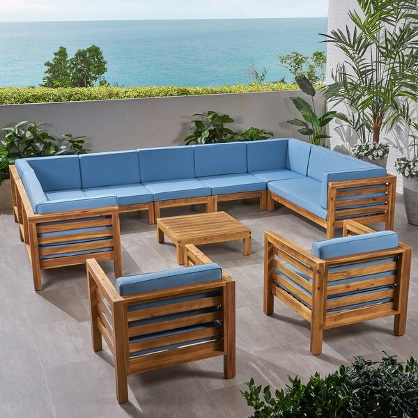 Oana Outdoor 11 Seater Acacia Wood Sectional Sofa and Club Chair Set by Christopher Knight Home