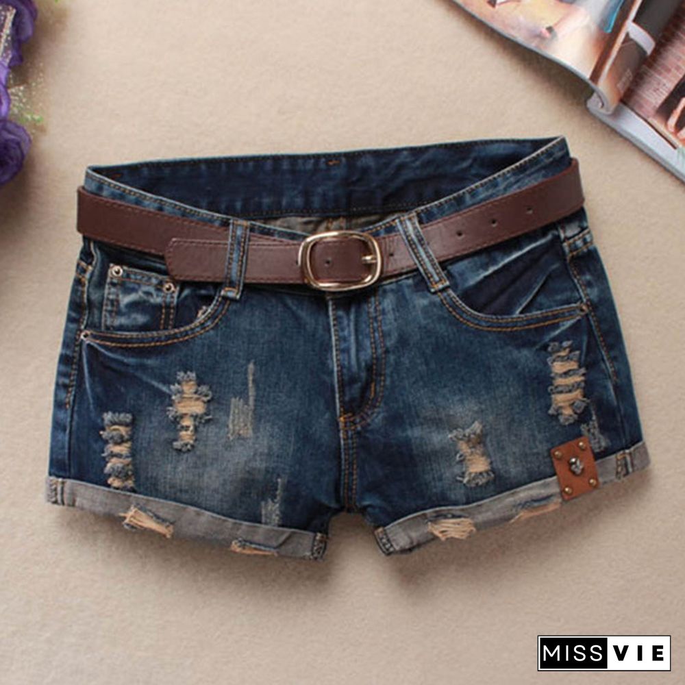 Fashion Summer Women Sexy Denim Shorts Frayed Hole Low Waist Skull Decoration Casual Jeans Shorts