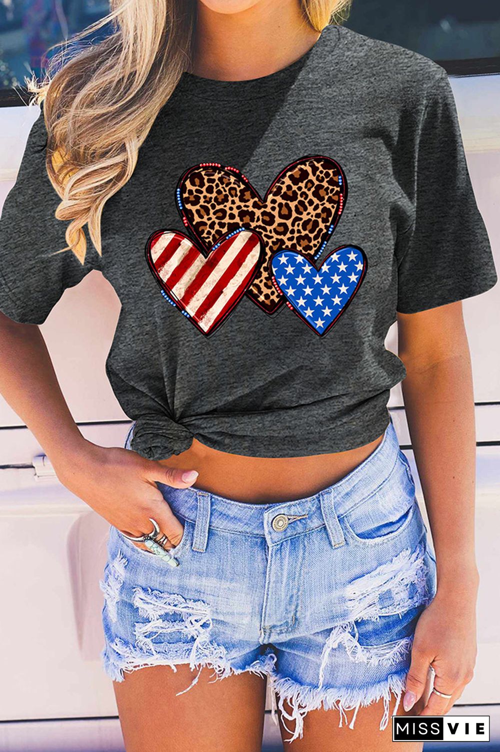 Indenpendence Day Leopard and US Flag Heart Graphic Tee