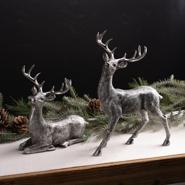 Set of 2 Silver Deer Christmas Tabletop Figurines 13.25