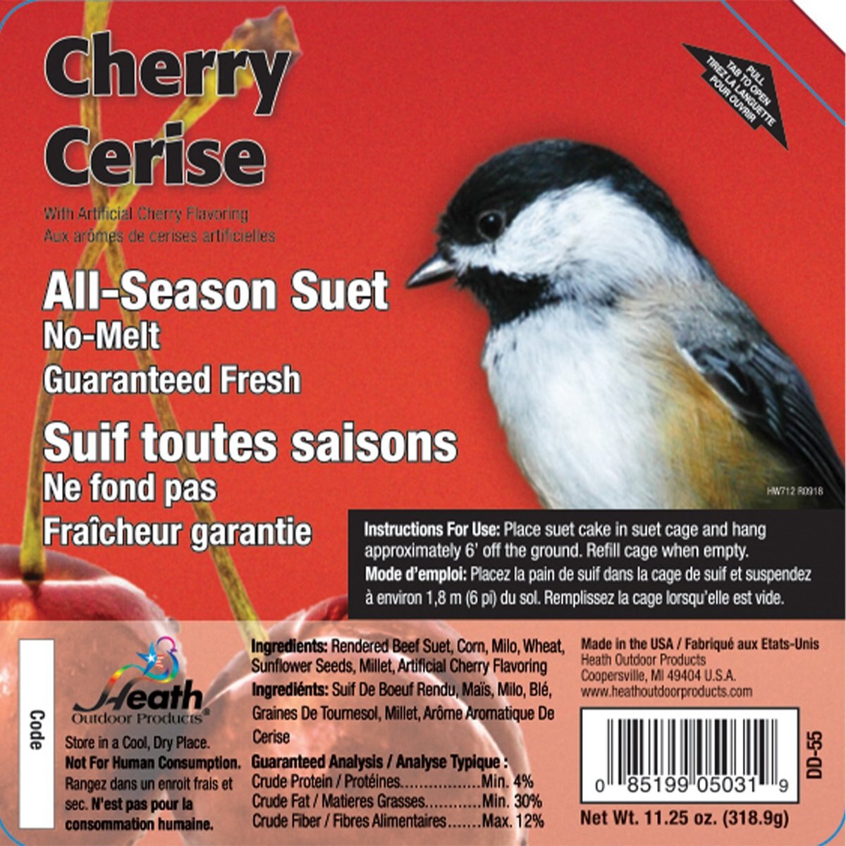 Heath Outdoor Products  Cherry High Energy Suet Cake Bird Food， 11.25-oz cake， pack of 12