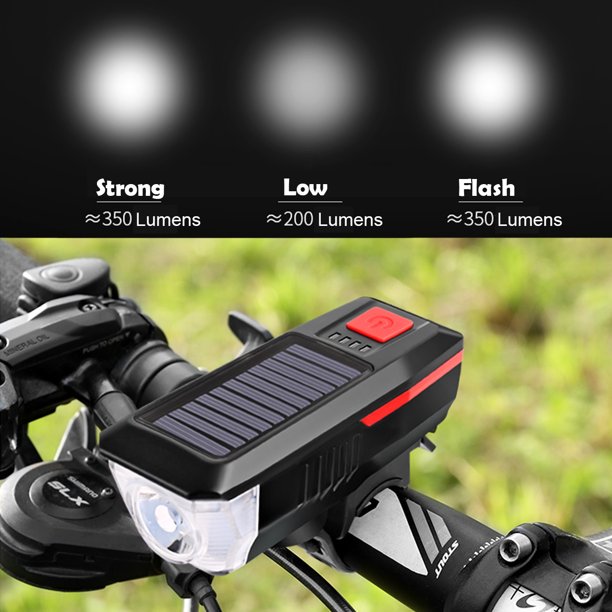 USB Rechargeable Bike Light， Solar Power LED Bike Headlight and Taillight Set Super Bright Bicycle Light Waterproof Safety Flashlight with Horn for Riding Hiking Camp Cycling Mountain Street Road