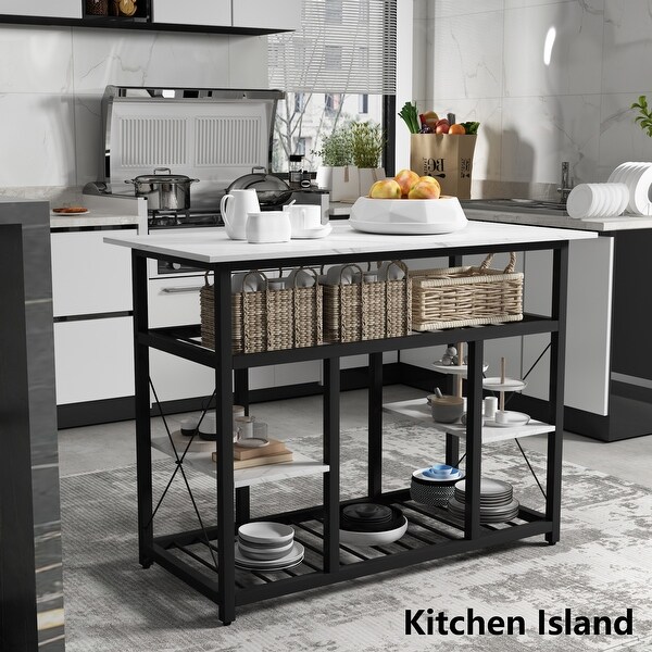 Kitchen Island with 4 Open Shelves(2 Side Shelves) and Wood Surface， Multifunctional Counter Height Prep Table， Marble