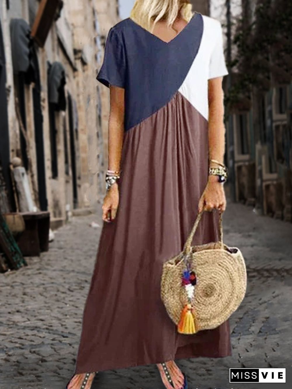 Women Casual Solid Color Cotton V Neck Plus Size Maxi Dresses