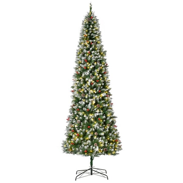 PreLit SnowDusted Artificial Christmas Tree with Realistic Branches，LED Lights，Pine Cones，Red Berries