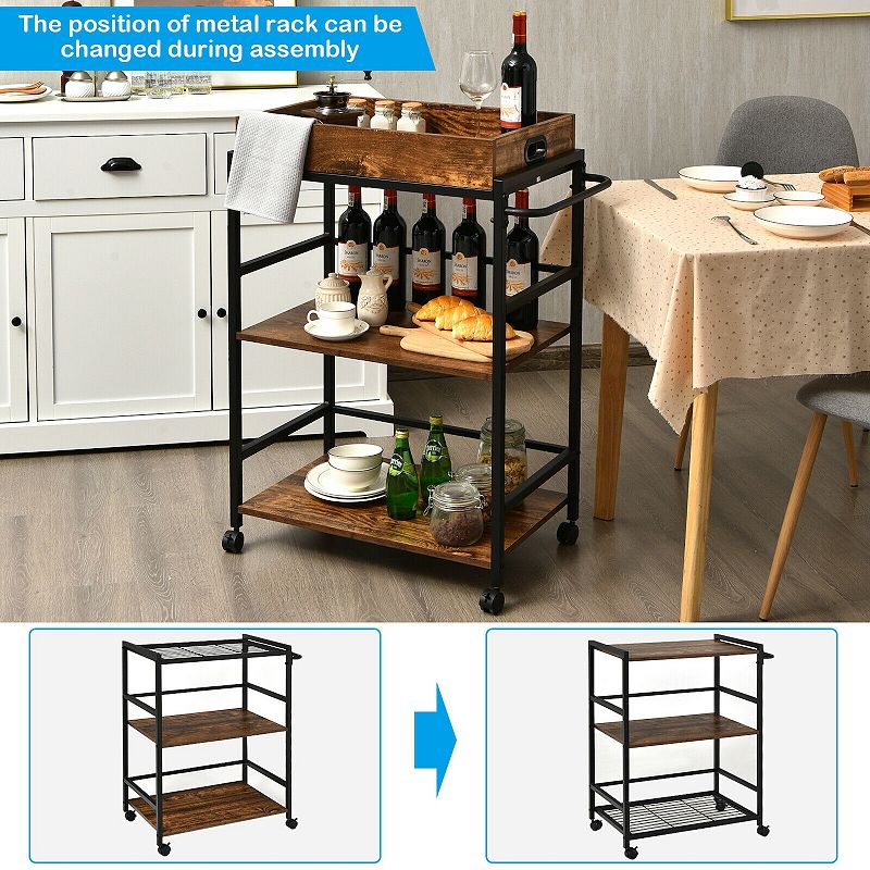 3-Tier Kitchen Serving Bar Cart with Lockable Casters and Handle Rack for Home Pub-Rustic Brown