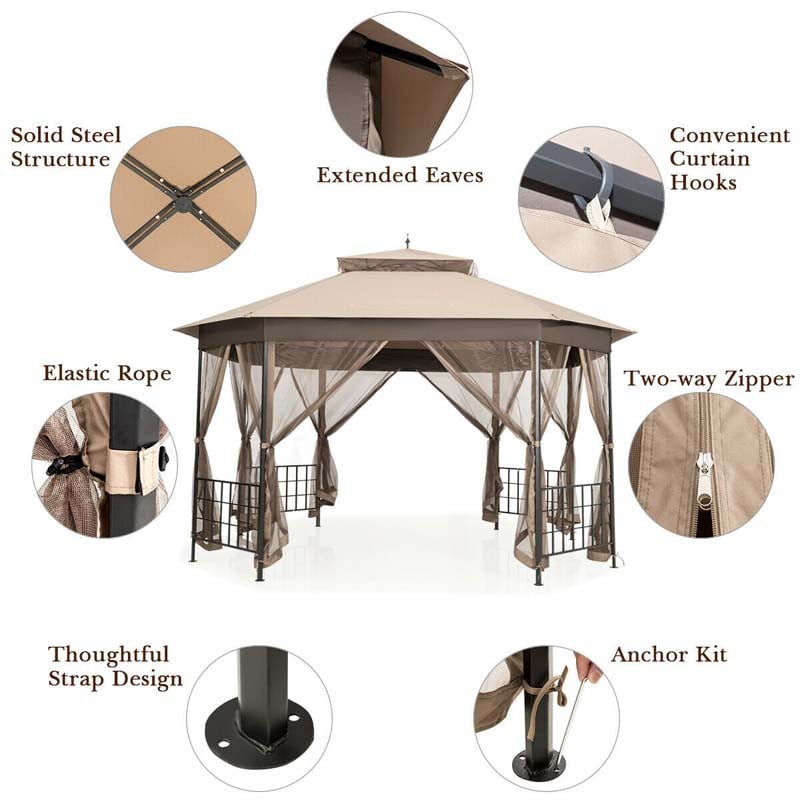 10 x 12 FT Heavy-Duty Octagonal Gazebo with Netting, Outdoor Patio Canopy Gazebo Tent for Event Party BBQ