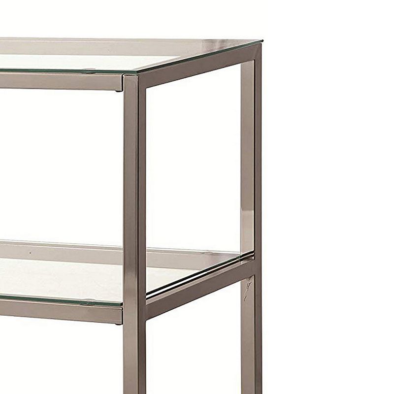 Glass and Metal Frame Sofa Table with 2 Open Shelves， Silver and Clear