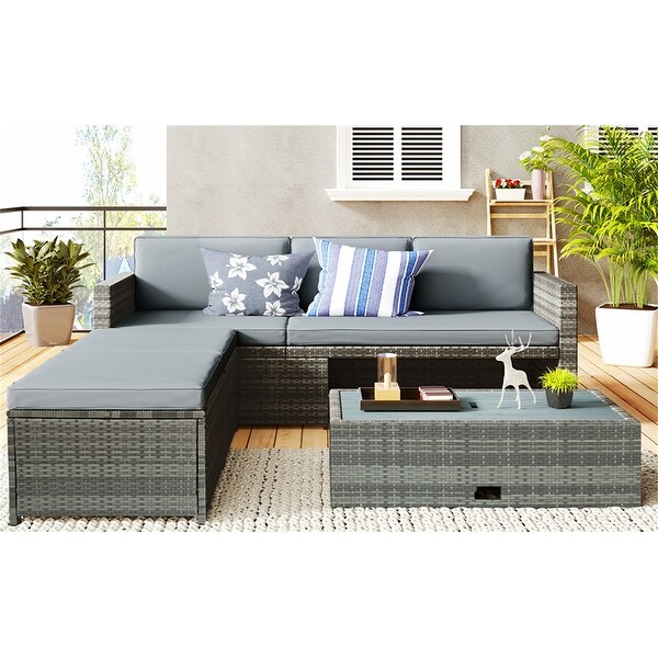 4-piece Outdoor Backyard Patio Rattan Sofa Set， All-weather PE Wicker Sectional Furniture Set with Retractable Table - Overstock - 35093987