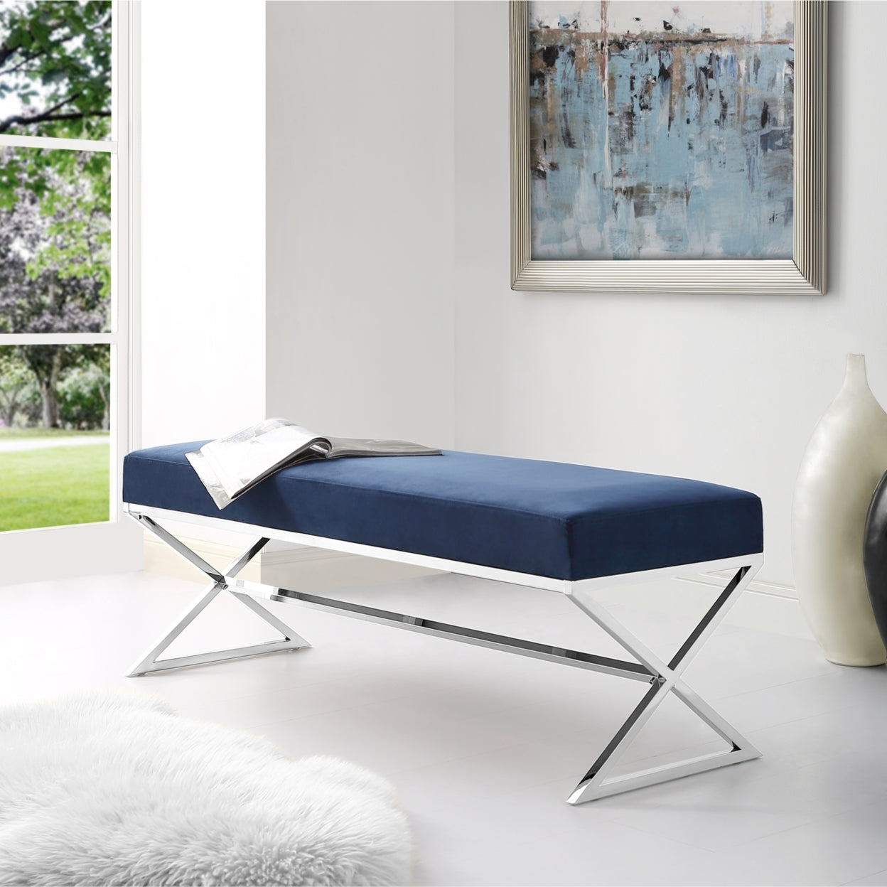 Liam Velvet Upholstered Bench-Stainless Steel Legs-Living-room, Entryway, Bedroom-Inspired Home