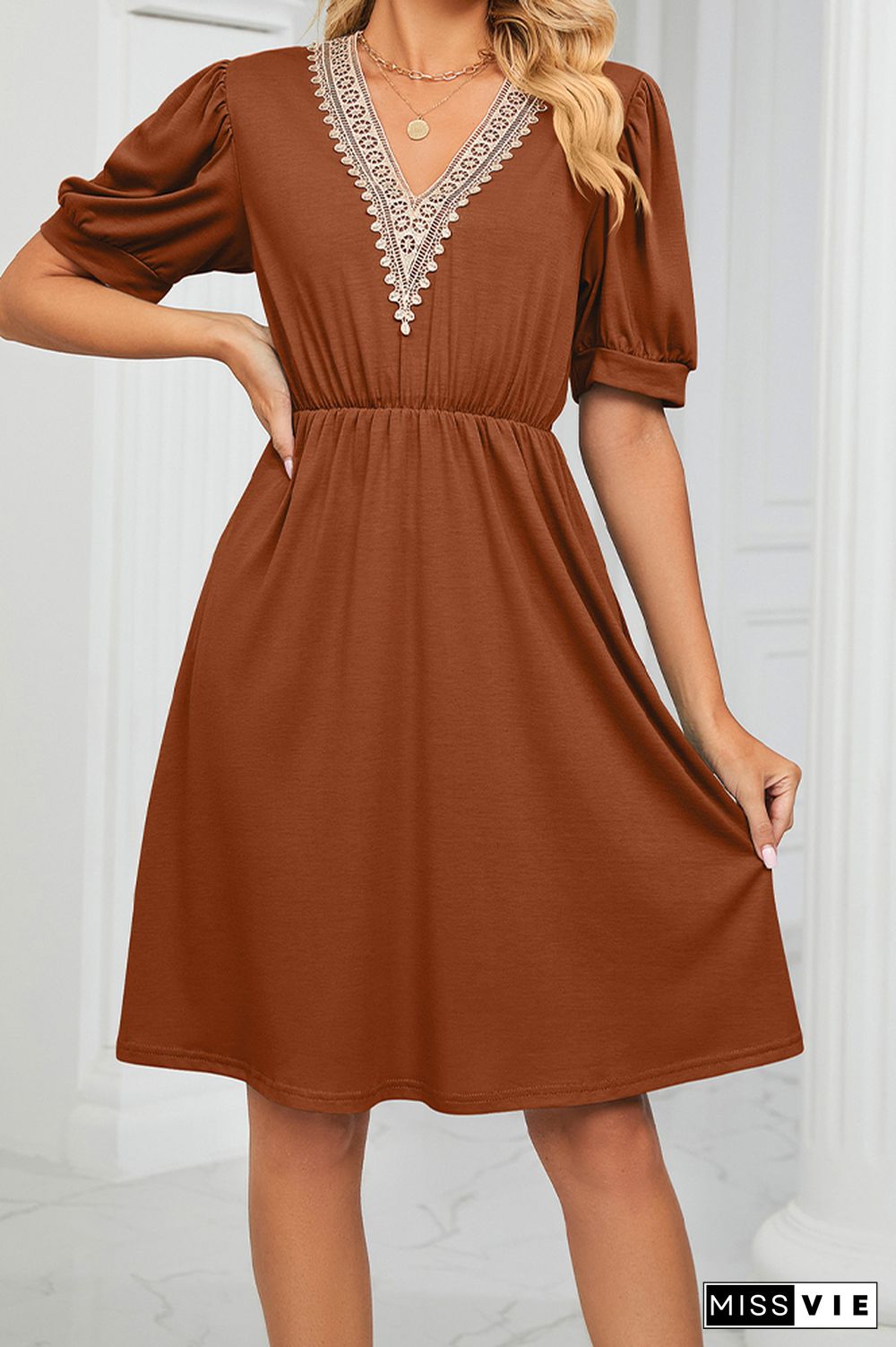 V Neck Lace Edge Pockets T-Shirt Dress