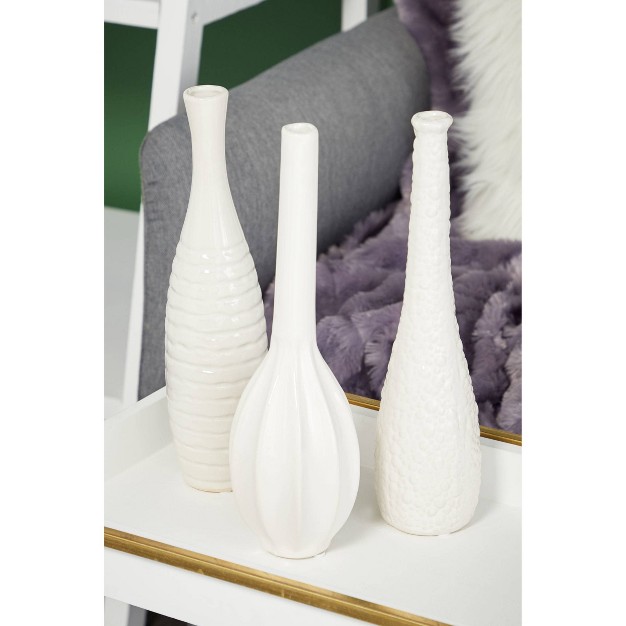 Set Of 3 Ceramic Slim Bottleneck Vases With Textured Patterns White Cosmoliving By Cosmopolitan