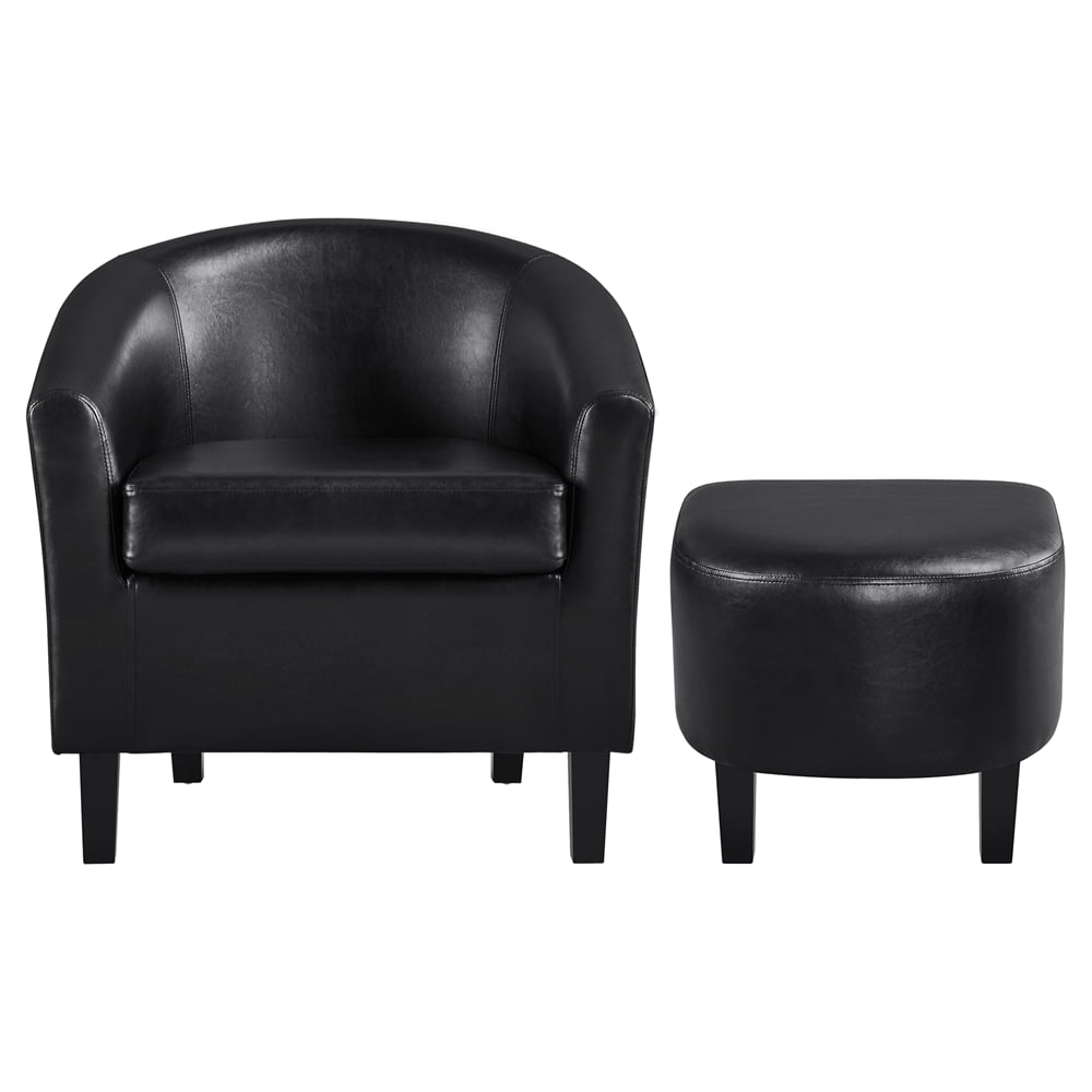 Easyfashion Contemporary Faux Leather Club Chair and Ottoman Set, Black